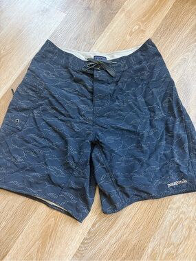 Patagonia Navy Blue Wave-Pattern Men's Board Shorts